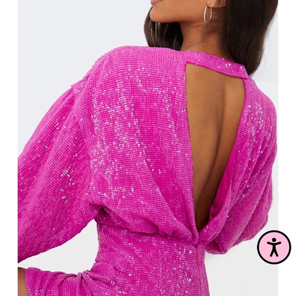 NWT Pretty Little Thing Hot Pink Sequin Open Back Balloon Sleeve Midi Dress - Picture 4 of 5